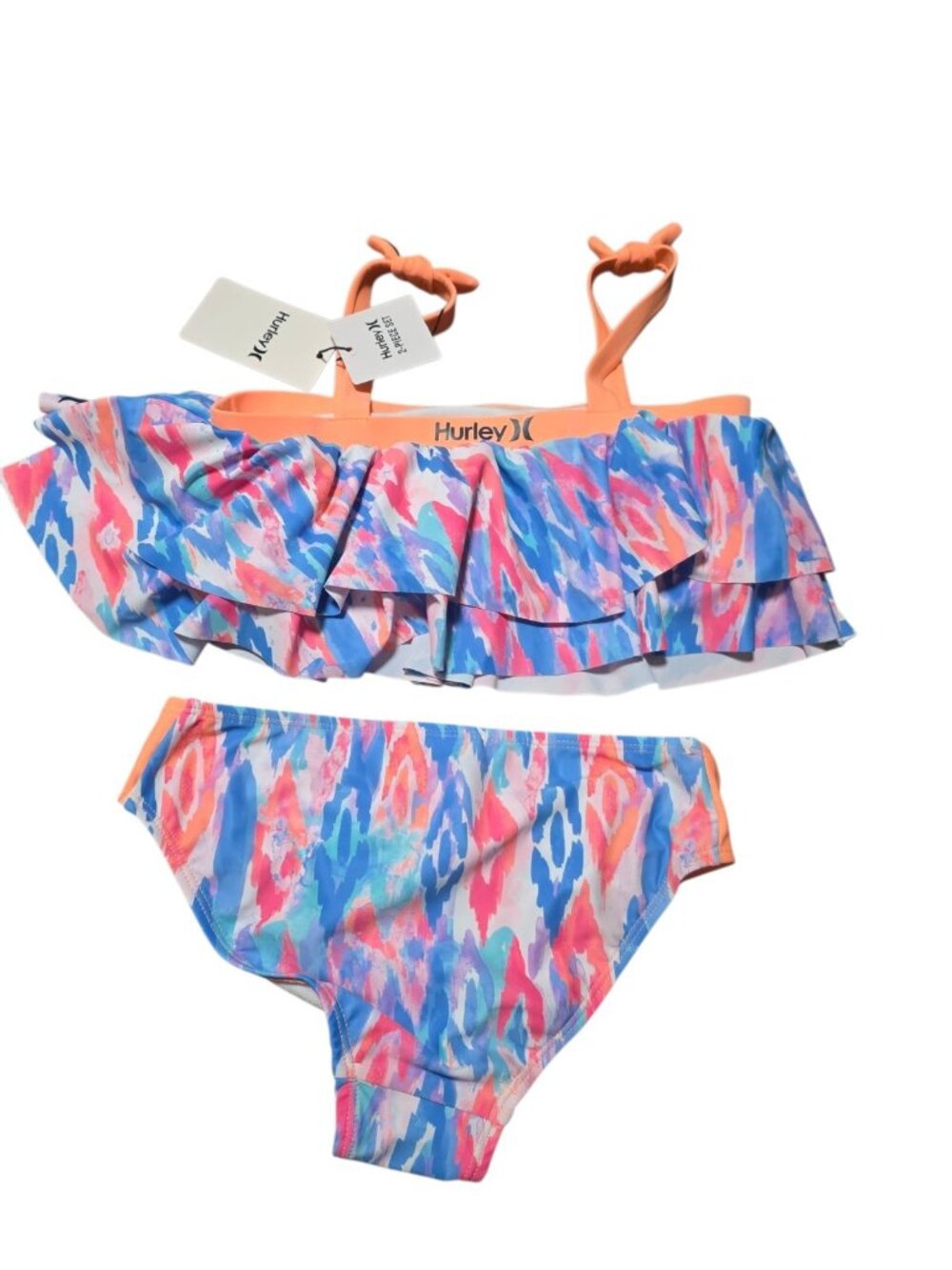 Hurley Big Girl's  M 10-12 Yrs 2 Pc Bikini Swimsuit Blue Orange Pink  Ruffle
